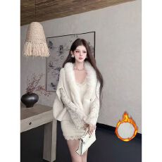 批发加绒气质纯欲蕾丝刺绣连衣裙女狐狸毛毛披肩开衫<b class='q'>套装</b>