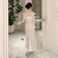 批发2025秋冬新款气质时尚设计感蕾丝花边拼接<b class='q'>连衣裙</b>鱼尾裙女潮