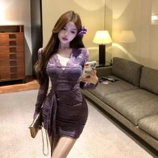 批发法式轻熟风紫色v领长袖连衣裙女<b class='q'>夏季</b>新款性感修身显身材包臀短裙