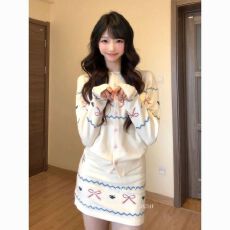 批发法式复古针织开衫<b class='q'>半身裙</b>套装女秋冬季费尔岛风提花<b class='q'>包臀</b>短裙两件套