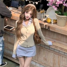 批发假两件长袖衬衫搭配半身裙子女韩系一整套2025新款早秋miu系套装