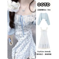 批发温柔风蝴蝶结系带蕾丝花边<b class='q'>碎花</b>连衣裙套装女短款针织衫显瘦长裙子