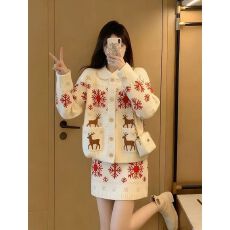 批发费尔岛<b class='q'>白色</b>针织套装女新款秋冬韩系穿搭雪花印花上衣半身裙两件套