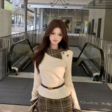 批发设计2025<b class='q'>格子</b>拼接长袖T恤新款上衣短<b class='q'>裤</b>两件两件套套装