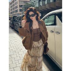 批发美式复古<b class='q'>设计</b>感高上衣夹克2025新款撞色拼皮宽松休闲翻领秋季外套