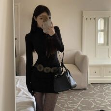 批发纯欲辣妹半高领腰带紧身性感<b class='q'>包臀</b>裙春冬长袖显瘦收腰打底连衣裙女