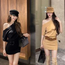 批发纯欲辣妹斜肩连衣裙女腰带两件套紧身性感包臀裙<b class='q'>夏季</b>短袖显瘦收腰