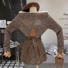 批发秋季新款法式气质纯欲<b class='q'>一字肩</b>百搭针织<b class='q'>连衣裙</b>高腰半身裙两件套装女