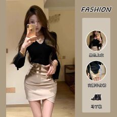 套装女2025秋季纯欲辣妹修身显瘦V领长袖T恤上衣高腰半身裙两件套