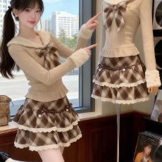 批发<b class='q'>日系</b>甜心少女蝴蝶结海军领长袖针织衫显瘦蓬蓬格纹半裙秋冬两件套