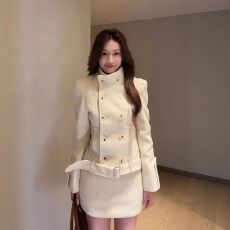 批发秋冬新款韩系高级感法式气质收腰<b class='q'>显瘦</b>毛呢外套上衣半裙两件套装女