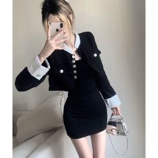 批发社会女套装快手网红同款高级撞色短款小香风西装外套+吊带连衣裙
