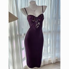 批发紫色气质御姐蕾丝拼接吊带连衣裙女秋季新款纯欲辣妹紧身<b class='q'>包臀</b>裙子