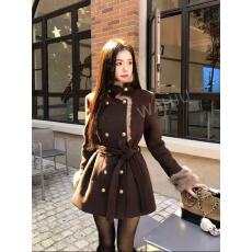 批发气质名媛复古毛毛拼接<b class='q'>双排扣</b>毛呢外套秋冬款收腰保暖呢子大衣