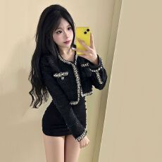 批发快手网红同款纯欲辣妹重工钉珠套装香风气质<b class='q'>短款</b>外套吊带连衣裙