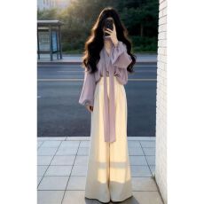 批发2026超火韩系穿搭一整套巨好看早春季紫色衬衫女上衣<b class='q'>裤</b>子两件套<b class='q'>装</b>