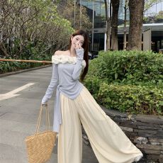 批发纯欲风花朵一字领不规则T恤上衣阔腿休闲<b class='q'>裤</b>女2025早春新款两件套