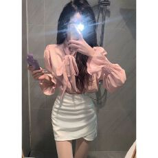 批发快手网红同款气质蝴蝶结<b class='q'>喇叭袖</b>衬衫<b class='q'>上衣</b>+不规则包臀短裙两件套女