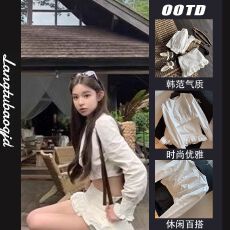 批发韩系初恋小白<b class='q'>花</b>!短款<b class='q'>衬衫</b>上衣+时尚感下摆花边短裙套装女春秋早安