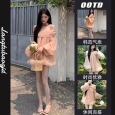 批发春日甜橙美式飘逸花苞一字肩<b class='q'>连衣裙</b>2026年夏季宽松重工气质上衣