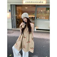 批发新中式复古印花樱桃挂脖连衣裙女装夏季新款宽松气质A字裙短裙<b class='q'>子</b>