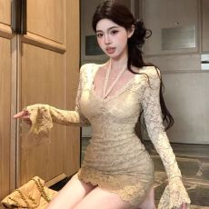 批发韩版喇叭袖挂脖蕾丝<b class='q'>连衣裙</b>秋冬新款轻熟<b class='q'>性感</b>v领收腰显瘦包臀裙