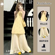 批发套装女2026夏季法式设计感蝴蝶结无袖背心<b class='q'>连衣裙</b>显瘦<b class='q'>百褶</b>半身长裙