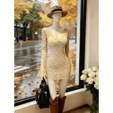 批发法式纯欲喇叭辣妹蕾丝长袖<b class='q'>连衣裙</b>秋季新款修身显瘦收腰气质裙子