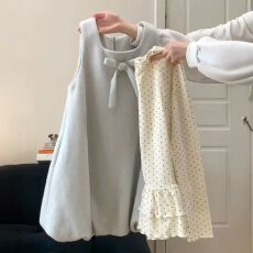 批发韩系穿搭一整套学院风蝴蝶结背心花苞裙女叠穿百搭波点打底衫上衣