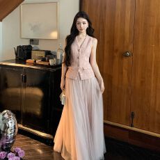批发气质高级感小香风套装马甲无袖背心女半身网纱裙子2026春季两件套