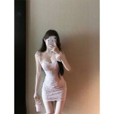 批发蕾丝拼接修身小飞袖<b class='q'>连衣裙</b>女夏季粉色甜辣妹包臀裙收腰显瘦短裙子