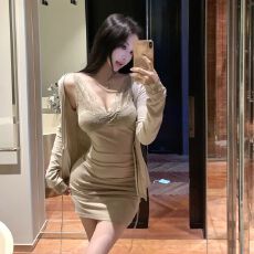 批发蕾丝拼接绑带v领针织开衫女秋季纯欲套装吊带连衣裙包臀裙两件套