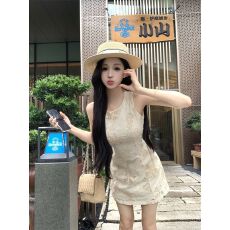 批发法式气质收腰显瘦无袖背心<b class='q'>连衣裙</b>女夏季设计感刺绣露肩a字短裙子