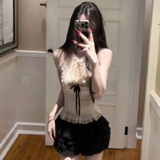 批发微胖mm纯欲辣妹木耳边镂空收腰挂脖上衣女气质显瘦蓬蓬半身裙套装