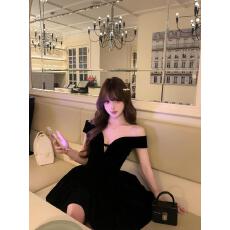 批发夏季新款法式名媛千金气质高级感一字肩连衣裙生日礼服显瘦蓬蓬裙