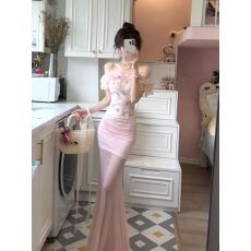 批发法式荷叶边碎花拼接露肩上衣女<b class='q'>夏季</b>度假风网纱高腰包臀裙套装