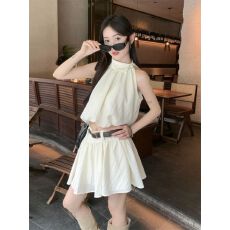 批发辣妹时尚套装裙女温柔风无袖挂脖背心夏季高腰显瘦a字短裙<b class='q'>两件套</b>