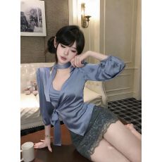 批发高级韩系姐感氛围雾霾蓝灰缎光<b class='q'>衬衫</b>蕾丝包臀短裙显身材cos<b class='q'>职业</b>装
