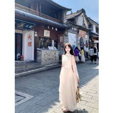 批发法式气质飘带无袖挂脖收腰<b class='q'>连衣裙</b>高级感度假长裙夏