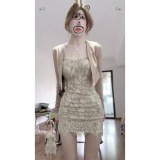 批发套装女2026夏季新款韩系纯欲蕾丝连衣裙收腰包臀裙防晒开衫两件套