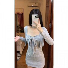 批发【三件套+胸垫】纯欲甜辣妹波点蝴蝶结抹胸背心长袖开衫半身短裙