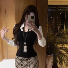 批发<b class='q'>套装</b>女2026秋季纯欲风辣妹设计感假两件衬衫上衣格纹半身裙两件套
