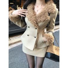 批发秋冬季新款千金气质英伦风设计感双排扣毛呢外套高腰<b class='q'>半身裙</b>两件套