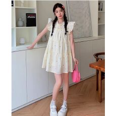 批发<b class='q'>孕妇</b><b class='q'>连衣裙</b>夏2025新款小清新宽松圆领薄款飞飞袖印花小个子中长款