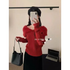 韩系气质毛毛领针织衫女秋冬修身显瘦百搭长袖纯色简约套头