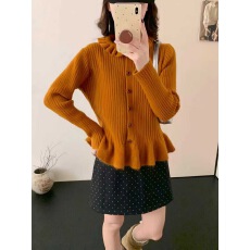 批发韩系木耳边领长袖针织开衫女秋冬<b class='q'>甜美</b>掐腰超显瘦外穿上衣