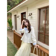 批发<b class='q'>甜美</b>减龄娃娃领系带长袖衬衫女装春季小清新百搭洋气减龄小衫上衣