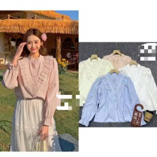 批发法式显瘦V领荷叶边衬衫女2026年春季新款设计感气质拼接<b class='q'>蕾丝</b><b class='q'>上衣</b>