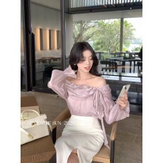 批发早春秋季新款纯欲风一字肩系带雪纺衬衫女高级感喇叭长袖<b class='q'>上衣</b>