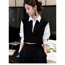 批发2025秋季高级感超好看独特别致绝美软糯慵懒风拼接假两件针织衫女